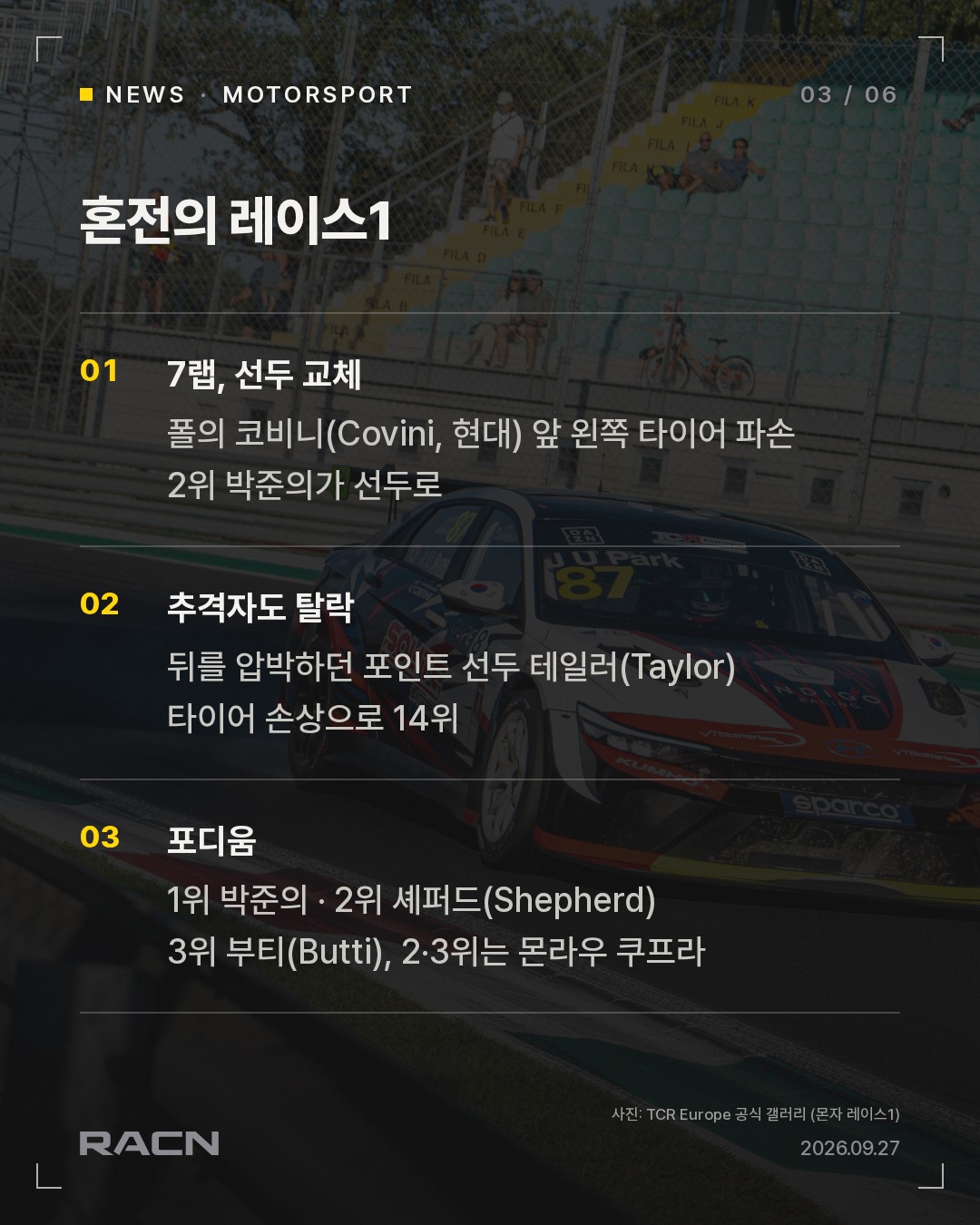 솔라이트 인디고 박준의, TCR 유럽 몬자 레이스1 우승 카드 3