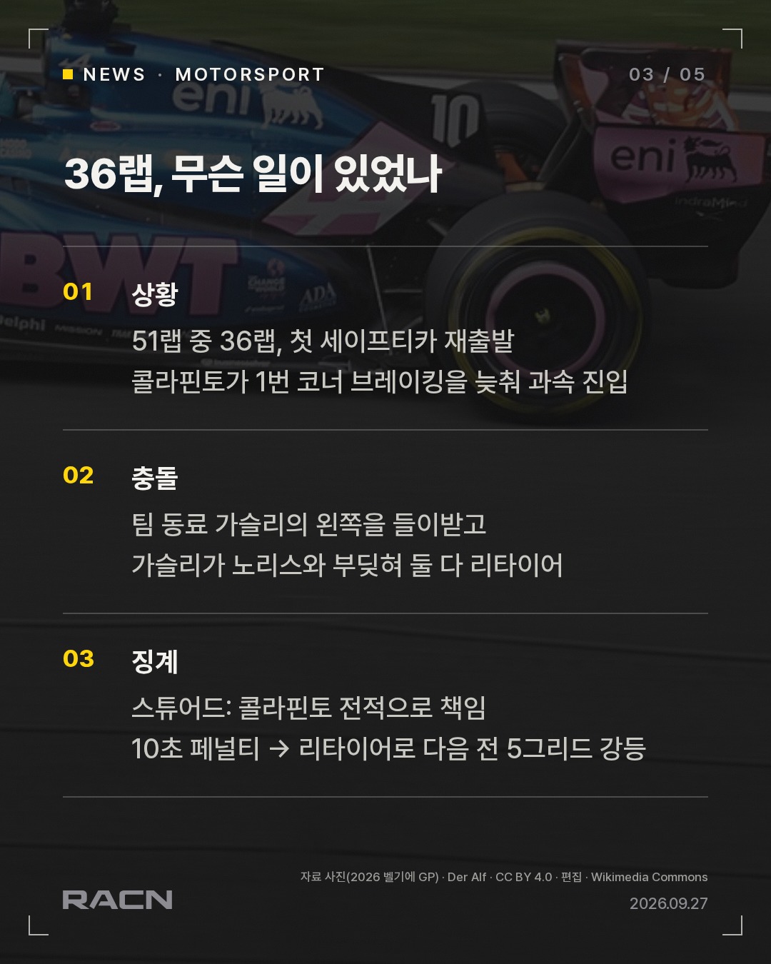 콜라핀토, 바쿠 연쇄 추돌로 다음 전 5그리드 강등 카드 3