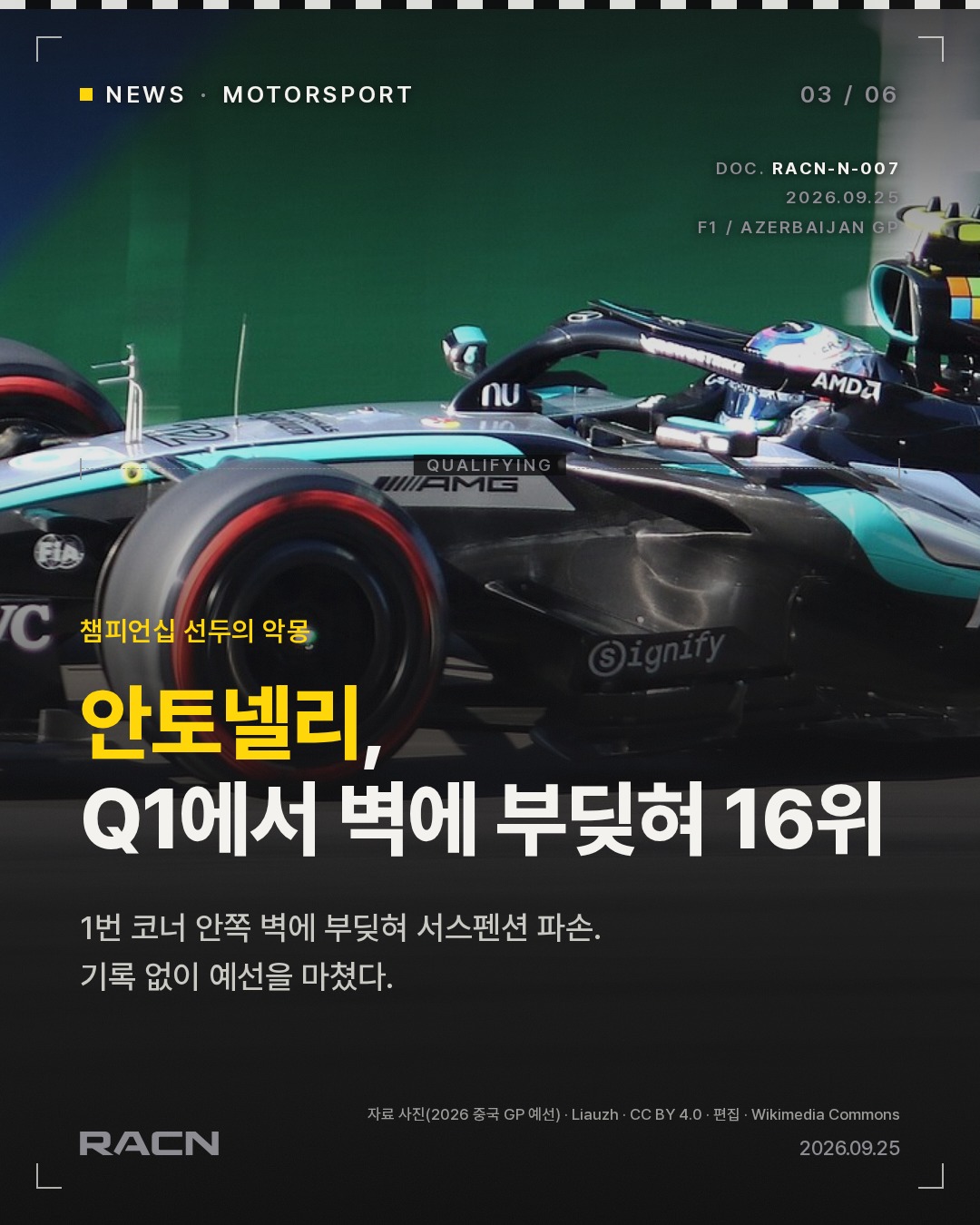 F1 바쿠 예선: 러셀 폴, 선두 안토넬리는 16번 그리드 카드 3
